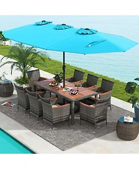 Costway 10 Pieces Patio Wicker Dining Set with Double-Sided Umbrella 8 Armchairs
