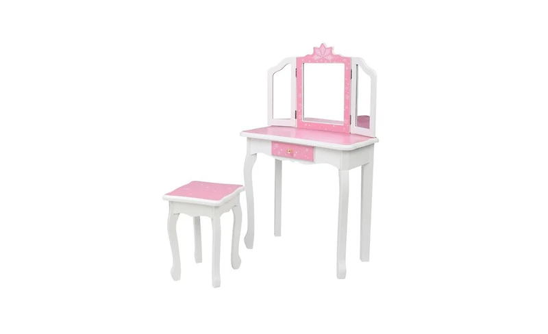 Slickblue Children's Wooden Dressing Table with Three-Sided Folding Mirror, Chair, and Single Drawer in Blue Snowflake Style