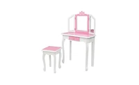 Slickblue Children's Wooden Dressing Table with Three-Sided Folding Mirror, Chair, and Single Drawer in Blue Snowflake Style