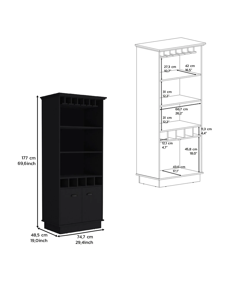 Elon 70"H Bar Cabinet with Wine Rack, Upper Glass Cabinet, three Open Storage Shelves and One Cabinet,Black