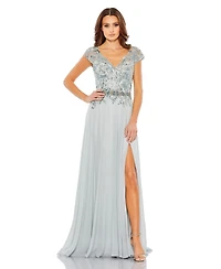 Women's Embellished Cap Sleeve Bodice Flowy Gown