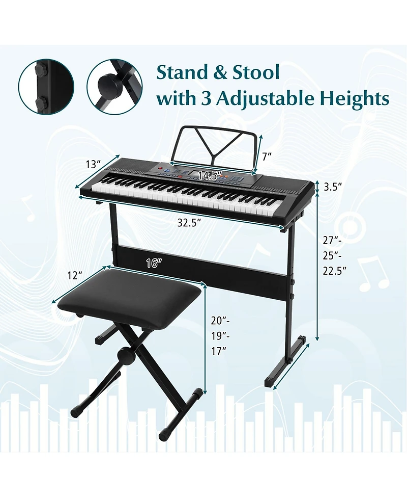 Hongge 61-Key Electronic Keyboard Piano Starter Set with Stand Bench and Headphones