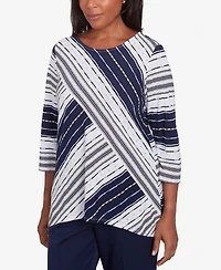 Alfred Dunner Women's Block Island Spliced Stripe Crew Neck Textured Top