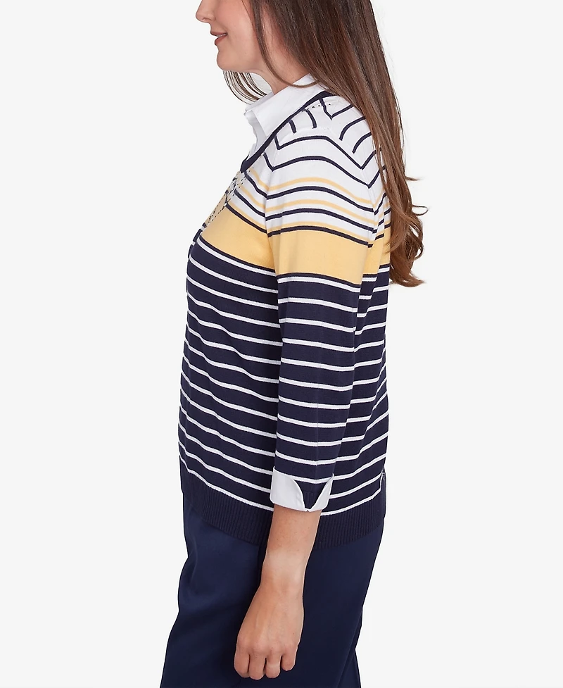 Alfred Dunner Women's Block Island Striped Two One Collared Sweater with Necklace