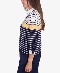 Alfred Dunner Women's Block Island Striped Two One Collared Sweater with Necklace