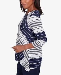 Alfred Dunner Women's Block Island Spliced Stripe Crew Neck Textured Top
