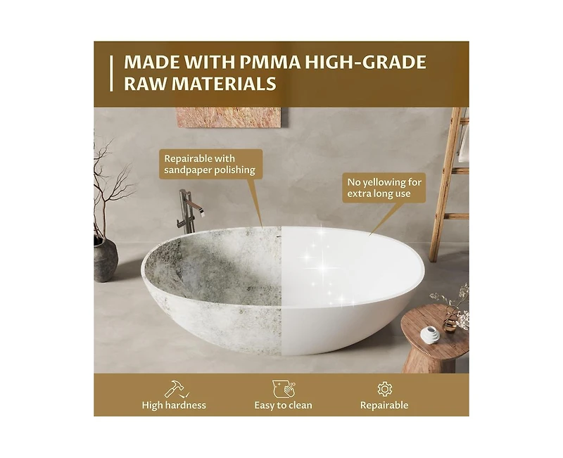 gaomon 65"Solid Surface Freestanding Bathtub, Contemporary Oval Shape Soaking Tub, Stone Resin Stand Alone Bathtub With Pop-Up Drain and Overflow, Cup