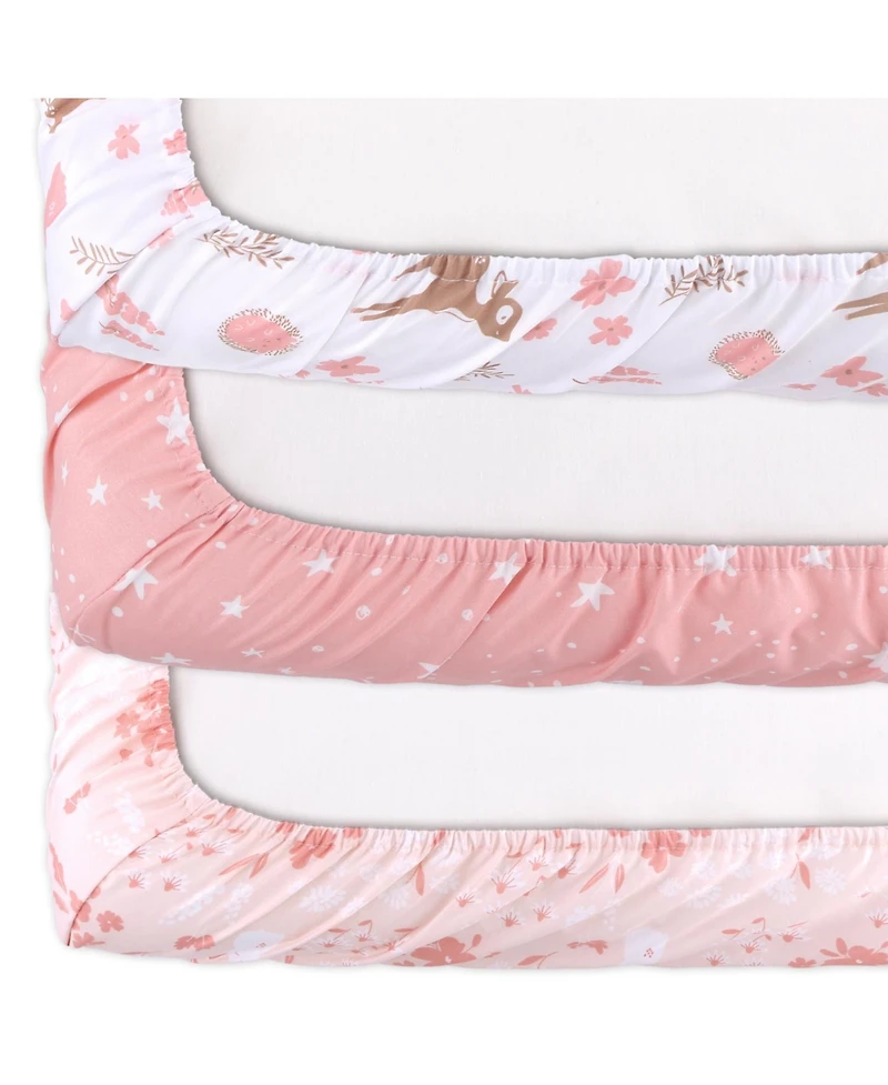 The Peanutshell Woodland Floral 3-Pack Fitted Playard Sheets in Pink, Tan and White