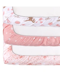 The Peanutshell Woodland Floral 3-Pack Fitted Playard Sheets in Pink, Tan and White