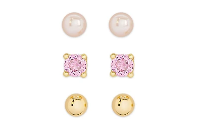 Lily Nily Girls Freshwater Pearl & Pink Cz 3 Pairs Studs Set in 18k Gold over Sterling Silver