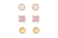 Lily Nily Girls Freshwater Pearl & Pink Cz 3 Pairs Studs Set in 18k Gold over Sterling Silver