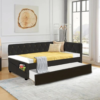 Streamdale Twin Daybed Bed Frame with Trundle, Black Velvet