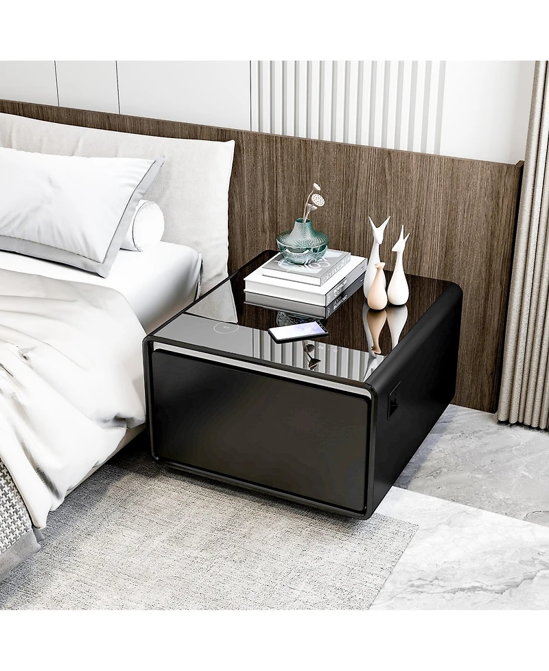 Streamdale Furniture Modern Smart Side Table with Built-in Fridge, Wireless Charging, Temperature Control, Power Socket, Usb Ports, Outlet Protection