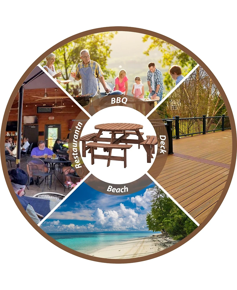 Slickblue 8-Person Outdoor Circular Wooden Picnic Table with 4 Built-In Benches for Patio, Backyard, and Garden