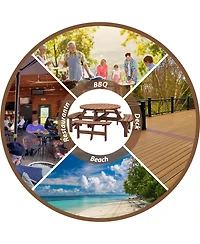 Slickblue 8-Person Outdoor Circular Wooden Picnic Table with 4 Built-In Benches for Patio, Backyard, and Garden