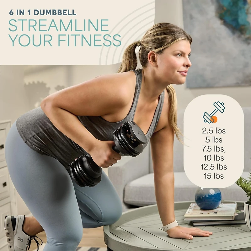 LifePro 15Lbs Adjustable Dumbbells - 6-in-1, Compact, Quick Adjust for Full Body Home Gym Fitness