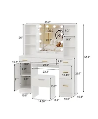 gaomon Led Lighted Vanity Desk With Mirror - Makeup Vanity With Adjustable Brightness, Metal Drawers, And Open Shelves