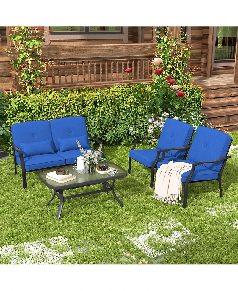 Costway 4 Pcs Patio Furniture Set Outdoor Conversation Sofa Tempered Glass Coffee Table