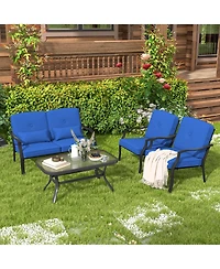 Costway 4 Pcs Patio Furniture Set Outdoor Conversation Sofa Tempered Glass Coffee Table