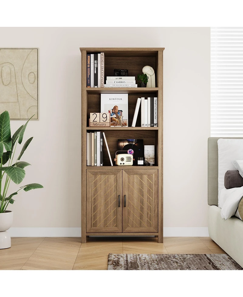 gaomon Farmhouse 5-Tier Bookshelf with Doors - Wooden Storage Bookcase with Adjustable Shelves for Living Room, Bedroom, Kitchen, and Dining Room