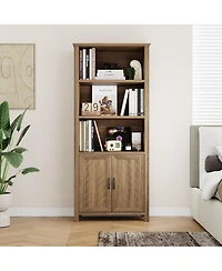 gaomon Farmhouse 5-Tier Bookshelf with Doors - Wooden Storage Bookcase with Adjustable Shelves for Living Room, Bedroom, Kitchen, and Dining Room