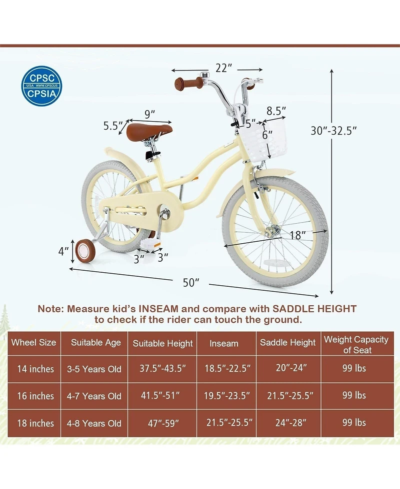 Hongge 14/16/18 Inch Kids Bike Adjustable with Training Wheels Ages 3-8 Years Olds