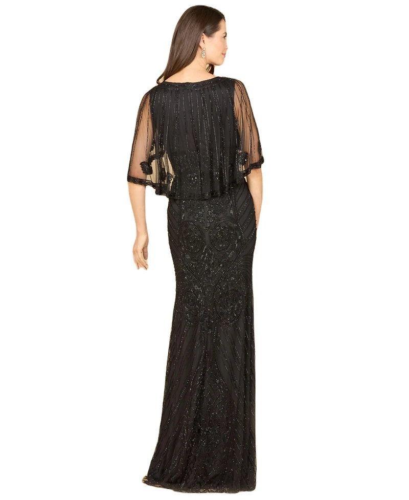 Lara Women's Cape Sleeve V-Neck Beaded Gown