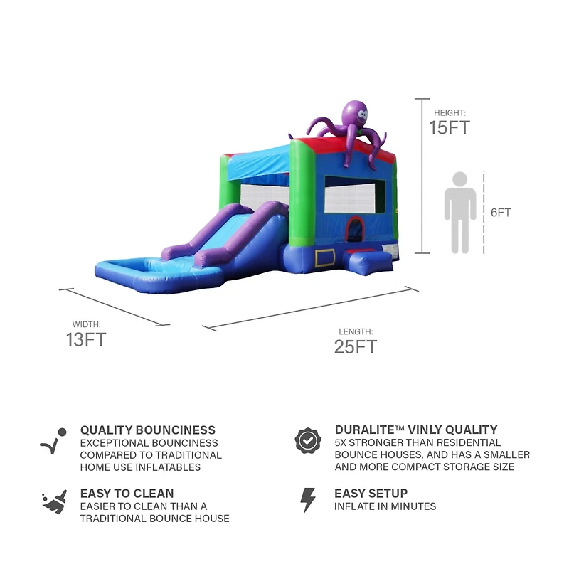 HeroKiddo Octopus Commercial Grade Bounce House Water Slide with Splash Pool for Kids and Adults (with Blower), Wet Dry Combo, Basketball Hoop, Outdoo