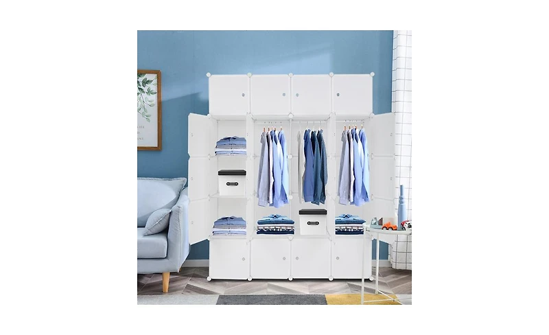 Slickblue 20-Cube Stackable Plastic Organizer Shelves, Multifunctional Modular Closet Cabinet with Hanging Rod in White