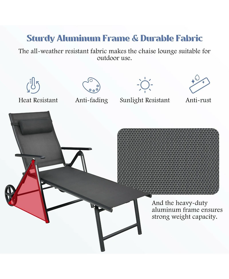 Inolait Patio Lounge Chair with Wheels Neck Pillow Aluminum Frame Adjustable-Gray