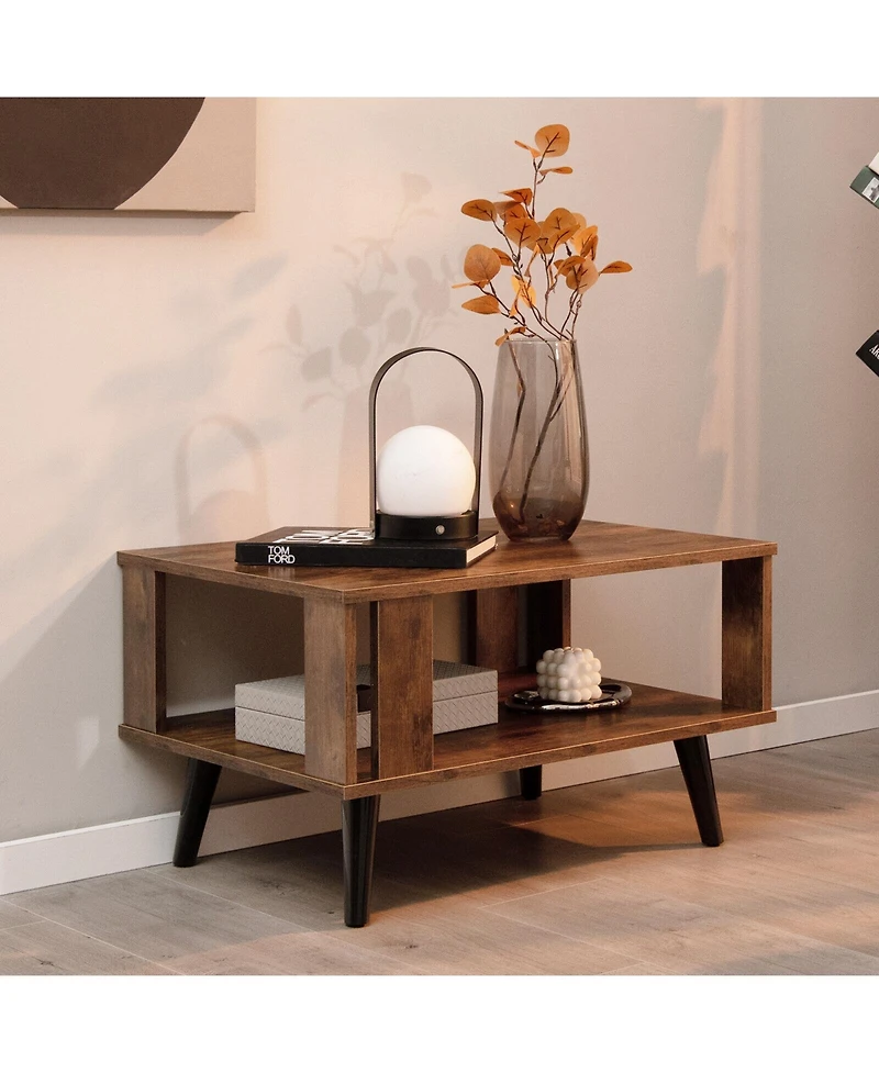 Sugift Compact Retro Mid-Century Coffee Table with Storage Open Shelf