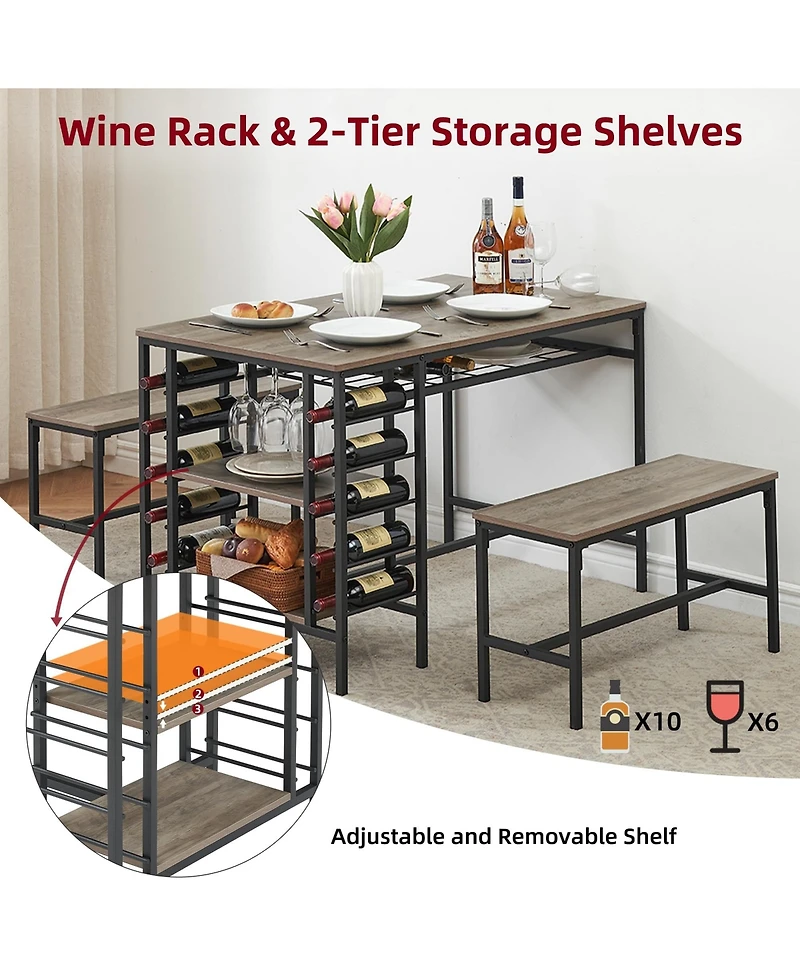 gaomon Dining Table Set for 4, Kitchen Table Set for 4 with 2 Benches, Rectangular Dining Room Table Set with Wine Rack
