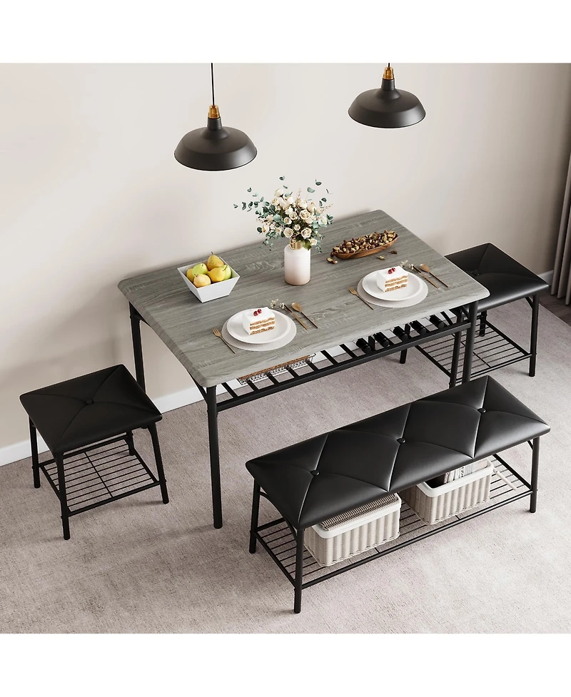 gaomon Kitchen Table with Bench, Dining Room Table Set for 4 with Upholstered Bench and Square Stools, Table Set with Storage -Grey