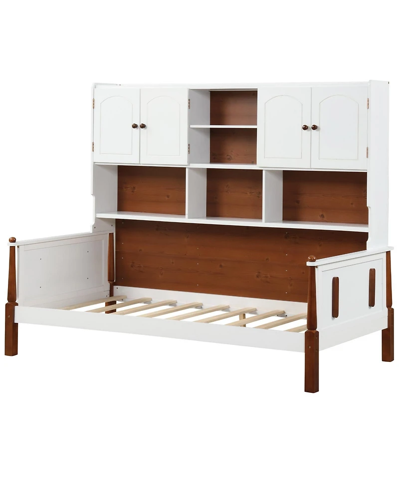 Twin Bed with Bookcase with Shelves and Wooden Slat Support No Box Spring Needed for Living Room Bedroom