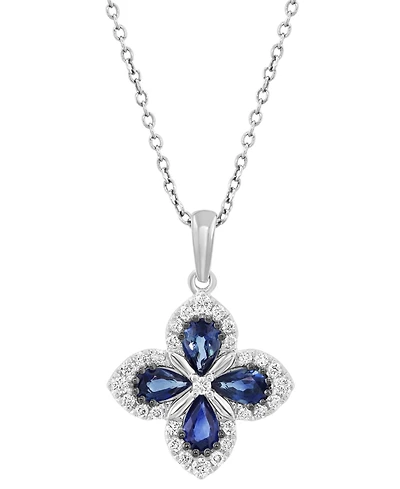 Effy Sapphire (7/8 ct. t.w.) & Diamond (1/5 ct. t.w.) Flower Pendant Necklace in 14k White Gold, 18" + 1" extender