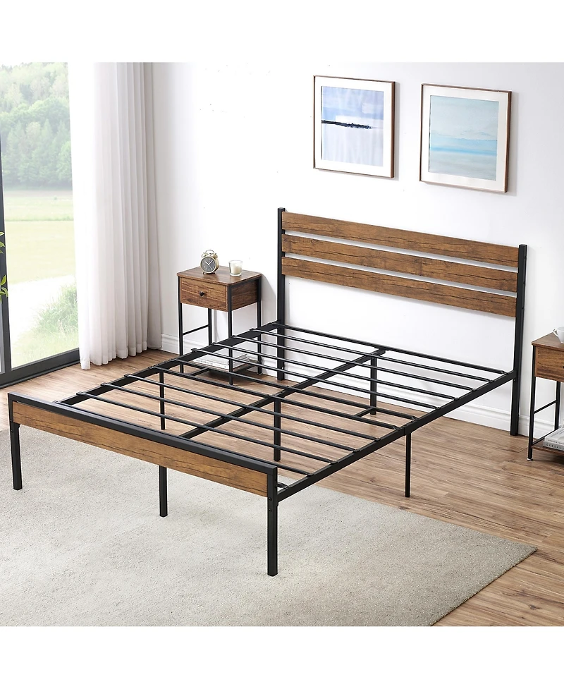 gaomon Full Platform Bed Frame with Wooden Headboard and Metal Slats/Rustic Country Style Mattress Foundation/Strong Metal Slats Support/Easy Assembly