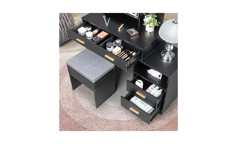 Slickblue Triamine Veneer Dressing Table Set with Mirror Cabinet 4 Drawers, 1 Storage Cabinet, 2 Shelves, and Led Three-Tone Light for a Modern Vanity