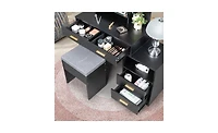 Slickblue Triamine Veneer Dressing Table Set with Mirror Cabinet 4 Drawers, 1 Storage Cabinet, 2 Shelves, and Led Three-Tone Light for a Modern Vanity