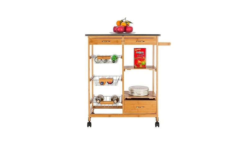 Slickblue Moveable Kitchen Cart with Stainless Steel Table Top, Three Drawers, and Three Baskets in Burlywood for Versatile Storage and Convenience