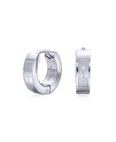 Bling Jewelry Laser Fleur de Lis Cross Hoop Earrings Silver Tone Stainless Steel