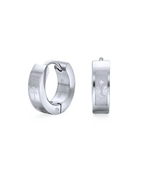 Bling Jewelry Laser Fleur de Lis Cross Hoop Earrings Silver Tone Stainless Steel