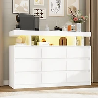Homsee White Dresser with 9 Handleless Drawers & Led Light, Chest of Drawers with Charging Station