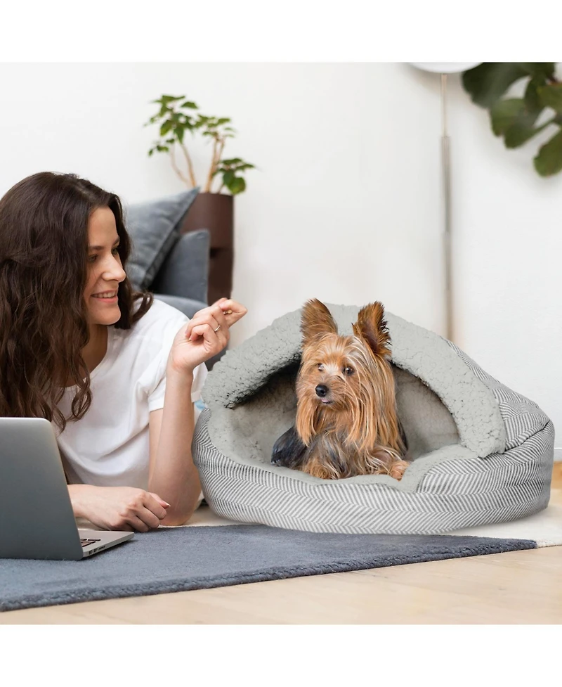 Details Pet Cave Bed, Calming Hooded Dog Bed with Pouch for Small Dogs and Cats