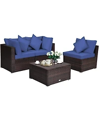 Sugift 4 Pieces Ottoman Garden Patio Rattan Wicker Furniture Set with Cushion-Navy