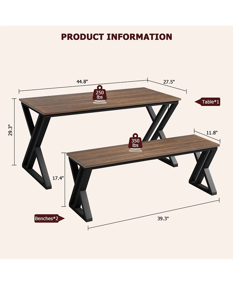 gaomon 45” Dining Table with Benches, Kitchen Table Set for 4-6, Rectangular Dining Room Table Set with Sturdy Metal Frame