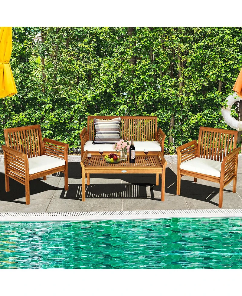 Sugift 4 Pieces Outdoor Acacia Wood Sofa Furniture Set