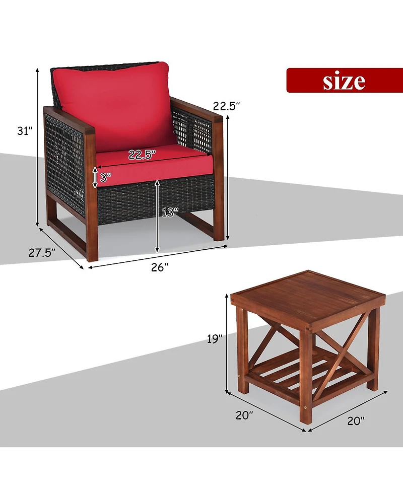 Sugift 3 Pieces Acacia Wood Patio Furniture Set with Coffee Table-Red