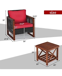 Sugift 3 Pieces Acacia Wood Patio Furniture Set with Coffee Table-Red