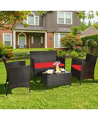 Sugift 4 Pieces Comfortable Rattan Outdoor Conversation Furniture Set with Glass Table
