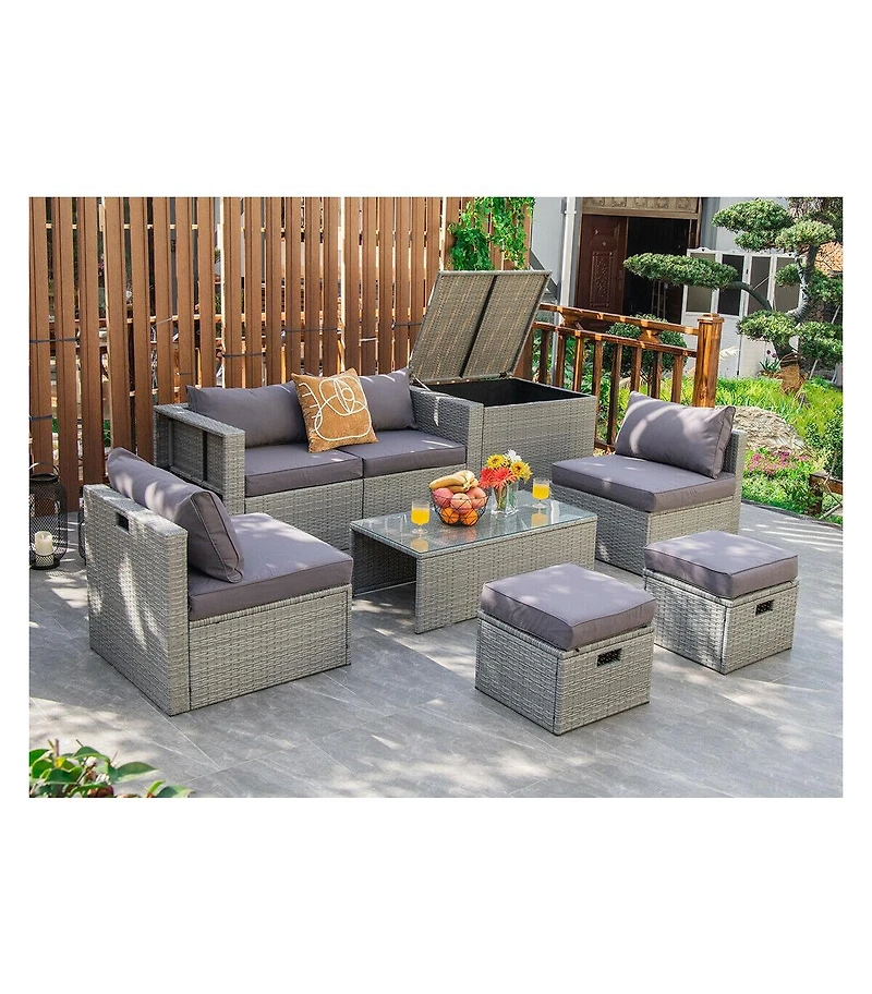 Sugift 8 Pieces Patio Rattan Furniture Set with Storage Waterproof Cover and Cushion-Gray